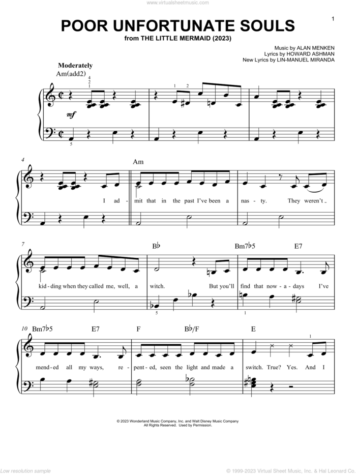 Poor Unfortunate Souls (from The Little Mermaid) (2023) sheet music for piano solo by Melissa McCarthy, Alan Menken, Howard Ashman and Lin-Manuel Miranda, easy skill level