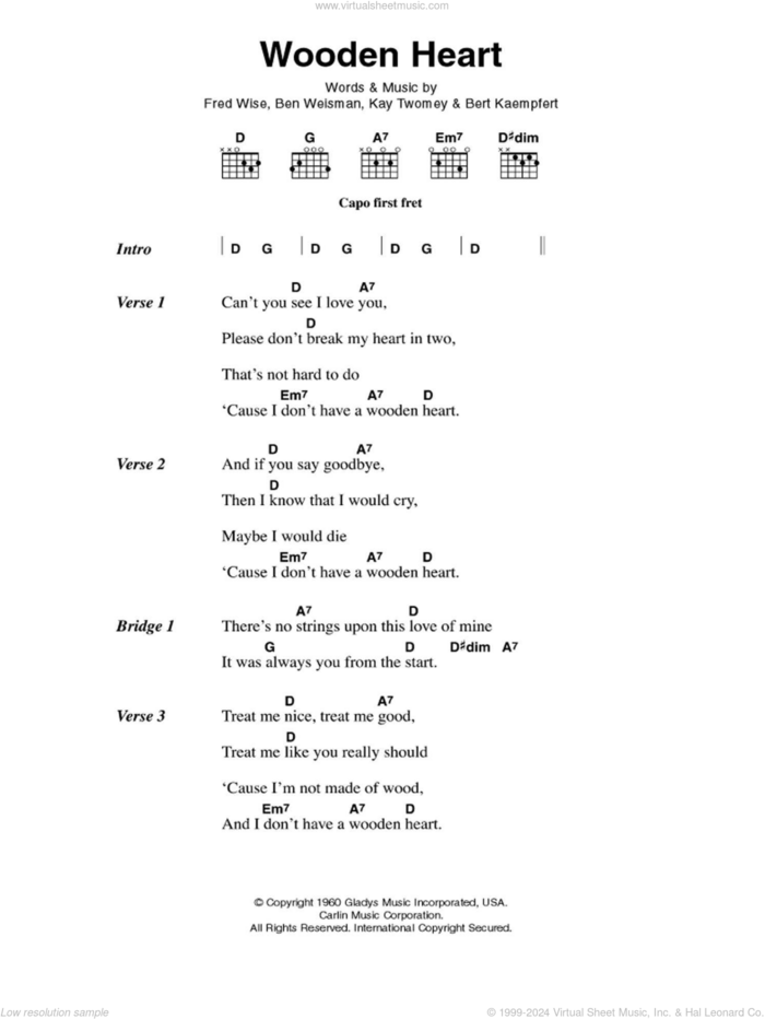 Wooden Heart sheet music for guitar (chords) by Elvis Presley, Ben Weisman, Bert Kaempfert, Fred Wise and Kay Twomey, intermediate skill level