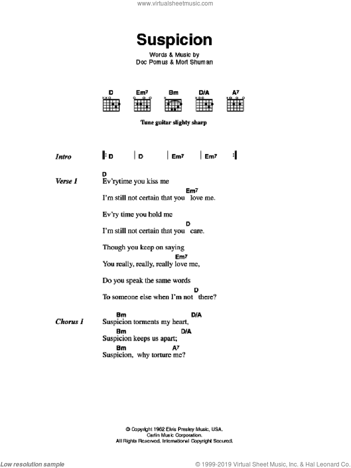 Suspicion sheet music for guitar (chords) by Elvis Presley, Doc Pomus, Mort Shuman and Jerome Pomus, intermediate skill level