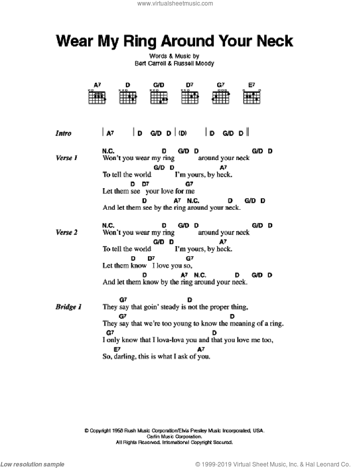 Wear My Ring Around Your Neck sheet music for guitar (chords) by Elvis Presley, Bert Carroll and Russell Moody, intermediate skill level