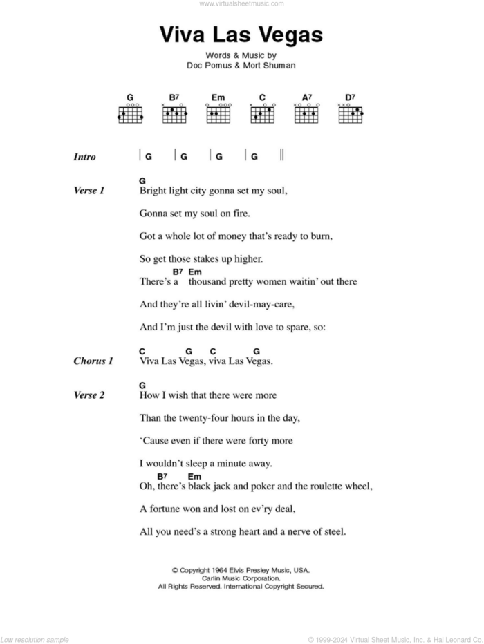 Viva Las Vegas sheet music for guitar (chords) by Elvis Presley, Doc Pomus, Mort Shuman and Jerome Pomus, intermediate skill level