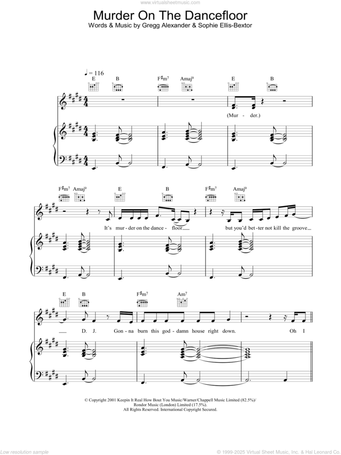 Murder On The Dancefloor sheet music for voice, piano or guitar by Sophie Ellis-Bextor, intermediate skill level