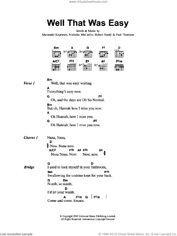 Well That Was Easy sheet music for guitar (chords) by Franz Ferdinand, Alexander Kapranos, Nicholas McCarthy, Paul Thomson and Robert Hardy, intermediate skill level