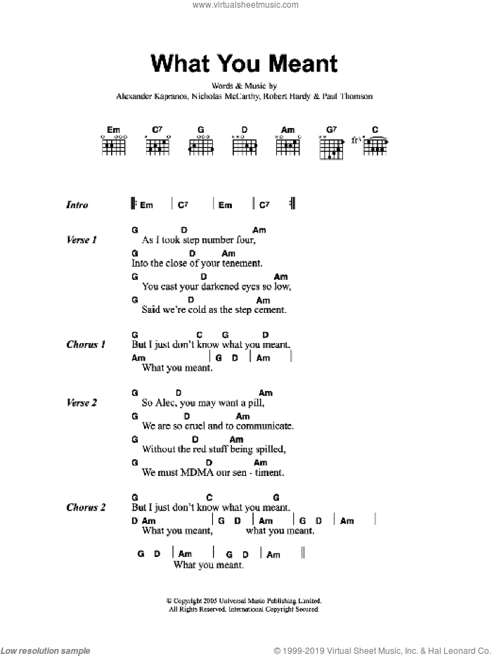 What You Meant sheet music for guitar (chords) by Franz Ferdinand, Alexander Kapranos, Nicholas McCarthy, Paul Thomson and Robert Hardy, intermediate skill level