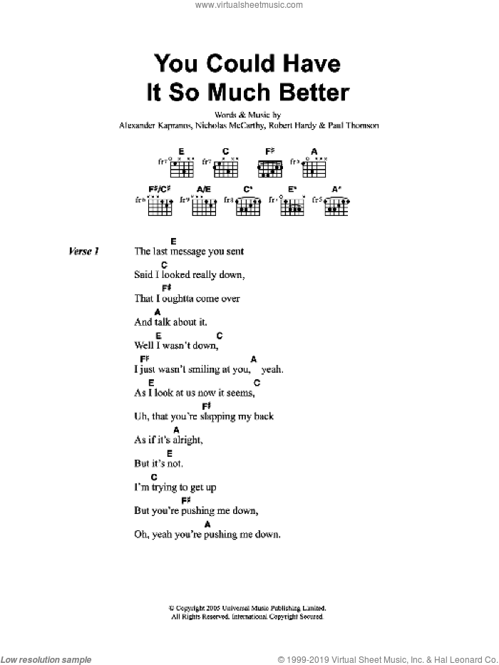 You Could Have It So Much Better sheet music for guitar (chords) by Franz Ferdinand, Alexander Kapranos, Nicholas McCarthy, Paul Thomson and Robert Hardy, intermediate skill level