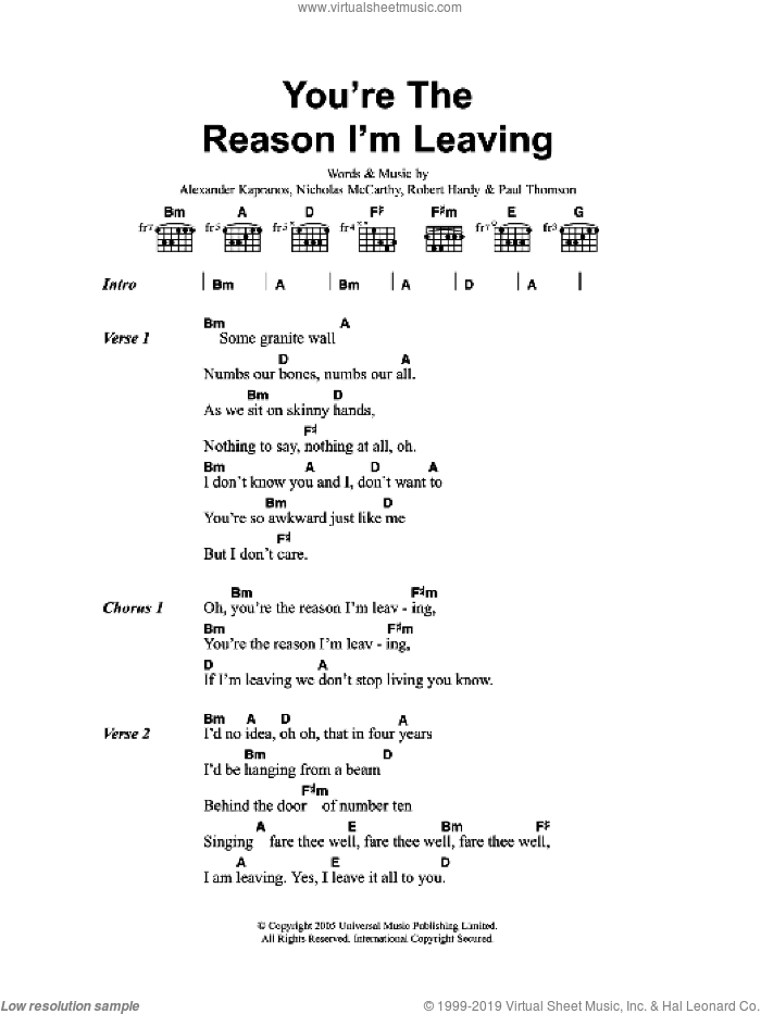 You're The Reason I'm Leaving sheet music for guitar (chords) by Franz Ferdinand, Alexander Kapranos, Nicholas McCarthy, Paul Thomson and Robert Hardy, intermediate skill level
