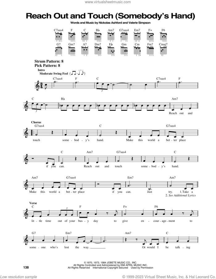 Reach Out And Touch (Somebody's Hand) sheet music for guitar solo (chords) by Diana Ross, Nickolas Ashford and Valerie Simpson, easy guitar (chords)