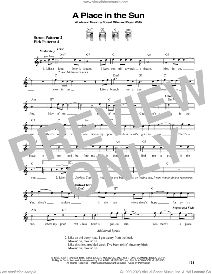 A Place In The Sun sheet music for guitar solo (chords) by Stevie Wonder, Bryan Wells and Ronald N. Miller, easy guitar (chords)