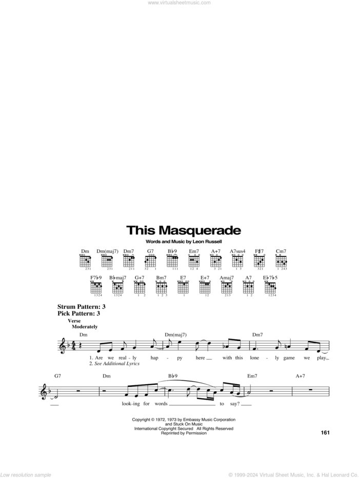 This Masquerade sheet music for guitar solo (chords) by George Benson, Carpenters and Leon Russell, easy guitar (chords)