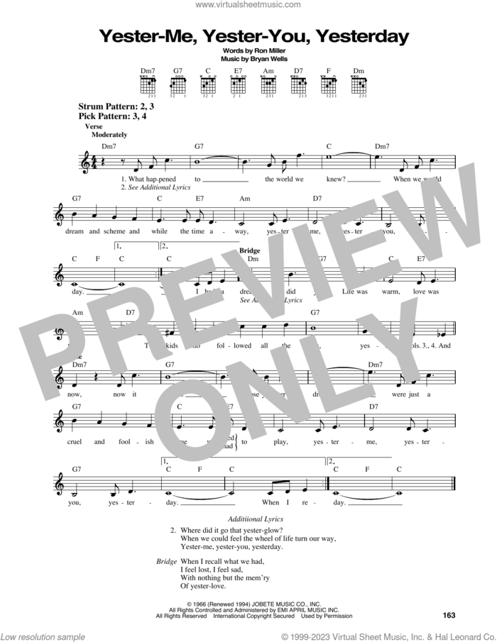 Yester-Me, Yester-You, Yesterday sheet music for guitar solo (chords) by Stevie Wonder, Bryan Wells and Ron Miller, easy guitar (chords)