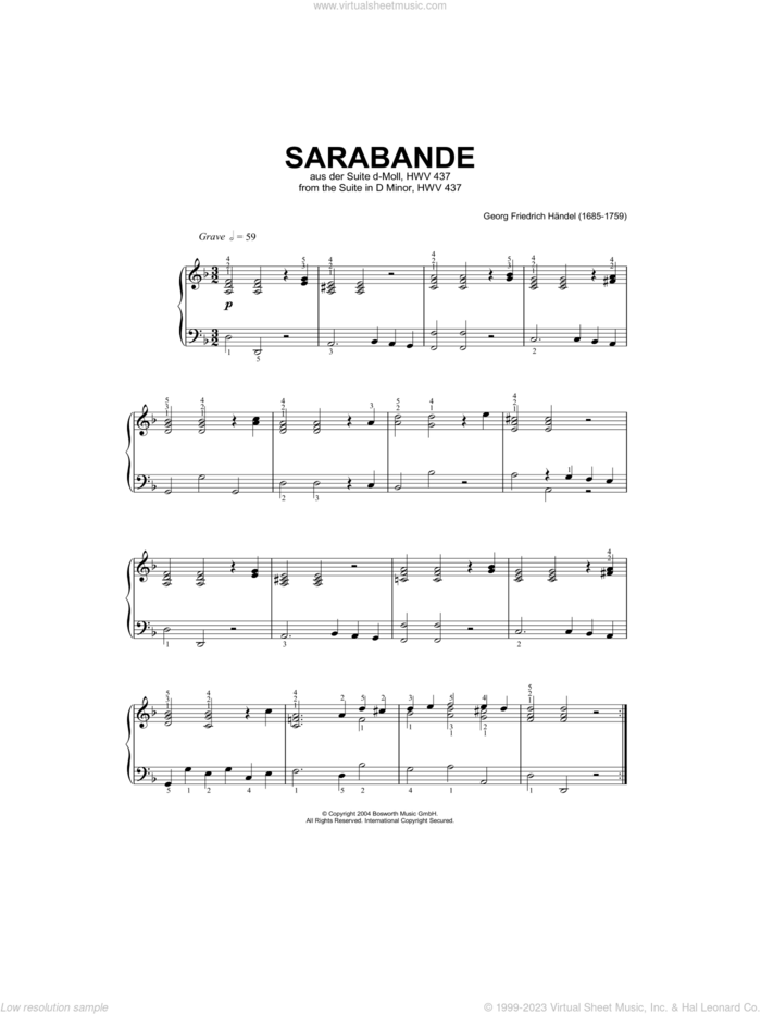 Sarabande (from Harpsichord Suite in D Minor) sheet music for piano solo by George Frideric Handel and Hans-Gunter Heumann, classical score, intermediate skill level