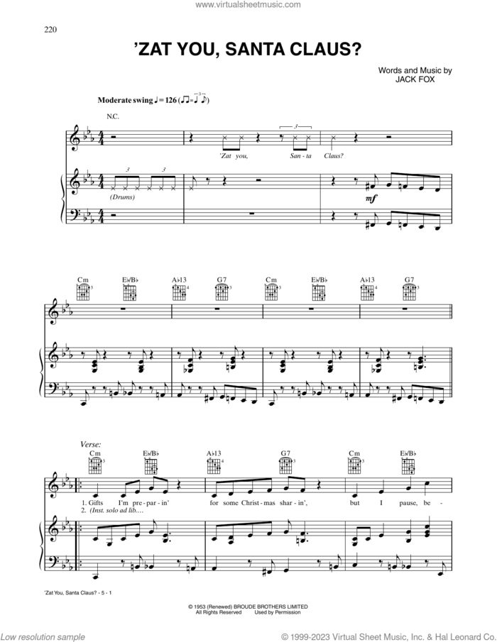 'Zat You, Santa Claus? sheet music for voice, piano or guitar by Louis Armstrong and The Commanders and Jack Fox, intermediate skill level