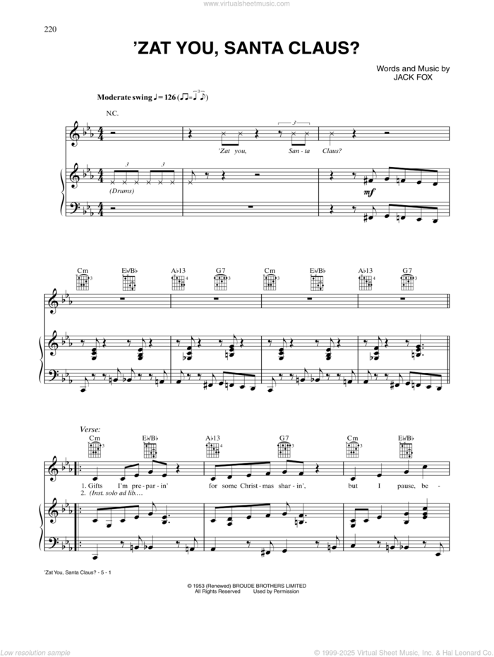 'Zat You, Santa Claus? sheet music for voice, piano or guitar by Louis Armstrong and The Commanders and Jack Fox, intermediate skill level