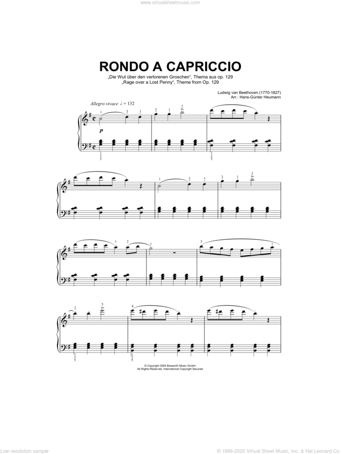 Rondo A Capriccio (Rage Over A Lost Penny), Theme from Op.129 sheet music for piano solo by Ludwig van Beethoven and Hans-Gunter Heumann, classical score, intermediate skill level