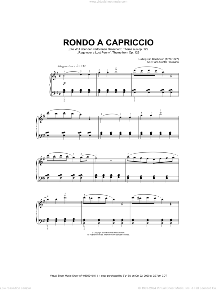 Rondo A Capriccio (Rage Over A Lost Penny), Theme from Op.129 sheet music for piano solo by Ludwig van Beethoven and Hans-Gunter Heumann, classical score, intermediate skill level