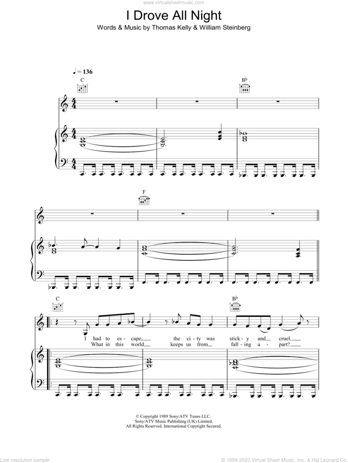 I Drove All Night sheet music for voice, piano or guitar by Roy Orbison, intermediate skill level