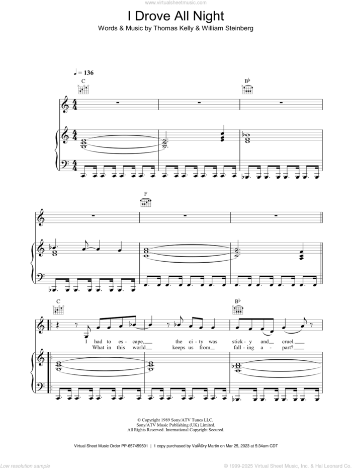 I Drove All Night sheet music for voice, piano or guitar by Roy Orbison, intermediate skill level