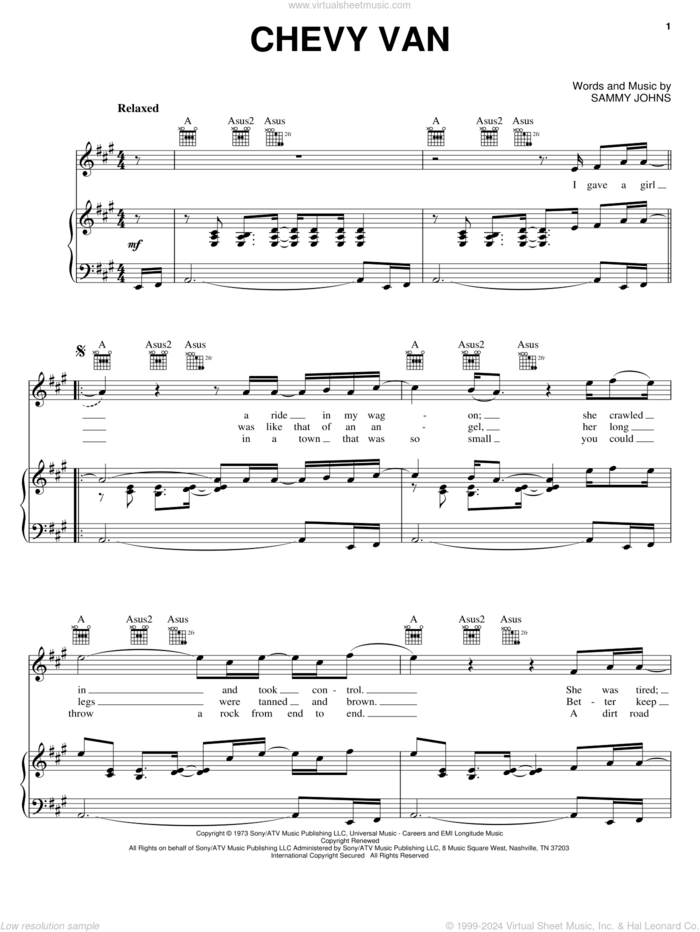 Chevy Van sheet music for voice, piano or guitar by Sammy Johns, intermediate skill level