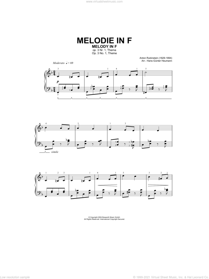 Melody In F sheet music for piano solo by Anton Rubinstein and Hans-Gunter Heumann, classical score, intermediate skill level