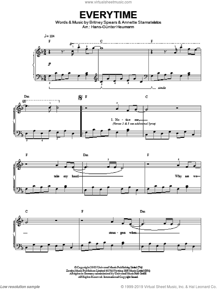 Everytime sheet music for piano solo by Britney Spears, Hans-Gunter Heumann and Annette Stamatelatos, easy skill level