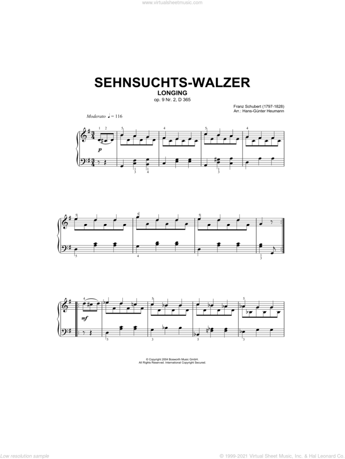 Sehnsuchts-Walzer (Longing), Op.9, No.2, D365 sheet music for piano solo by Franz Schubert and Hans-Gunter Heumann, classical score, intermediate skill level