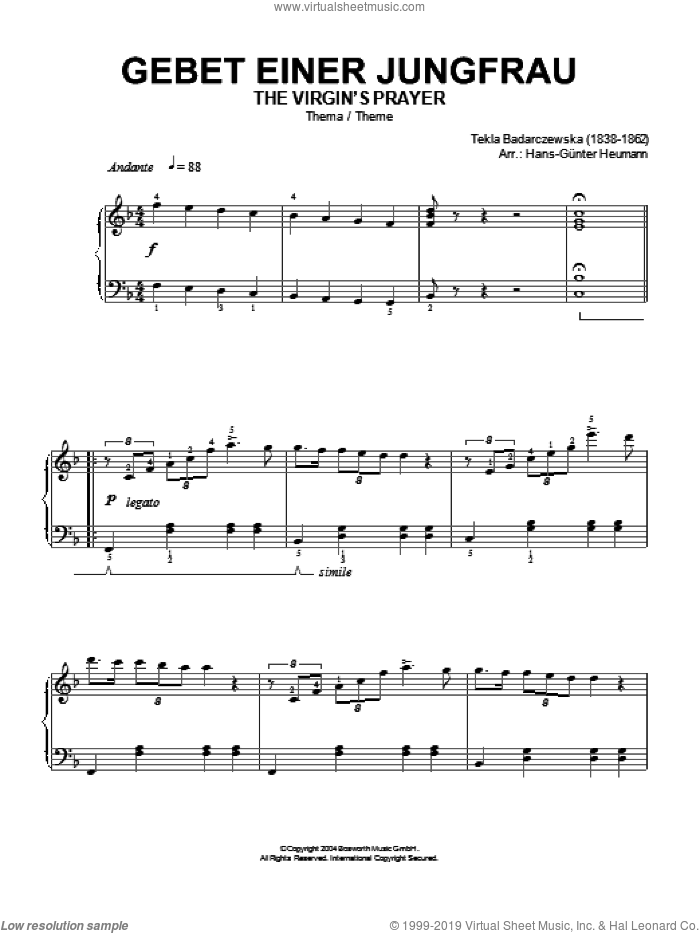 The Virgin's Prayer (Theme) sheet music for piano solo by Tekla Badarzewska and Hans-Gunter Heumann, classical score, intermediate skill level