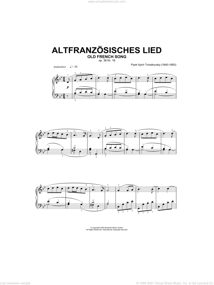 Old French Song, Op.39, No.16 sheet music for piano solo by Pyotr Ilyich Tchaikovsky and Hans-Gunter Heumann, classical score, intermediate skill level