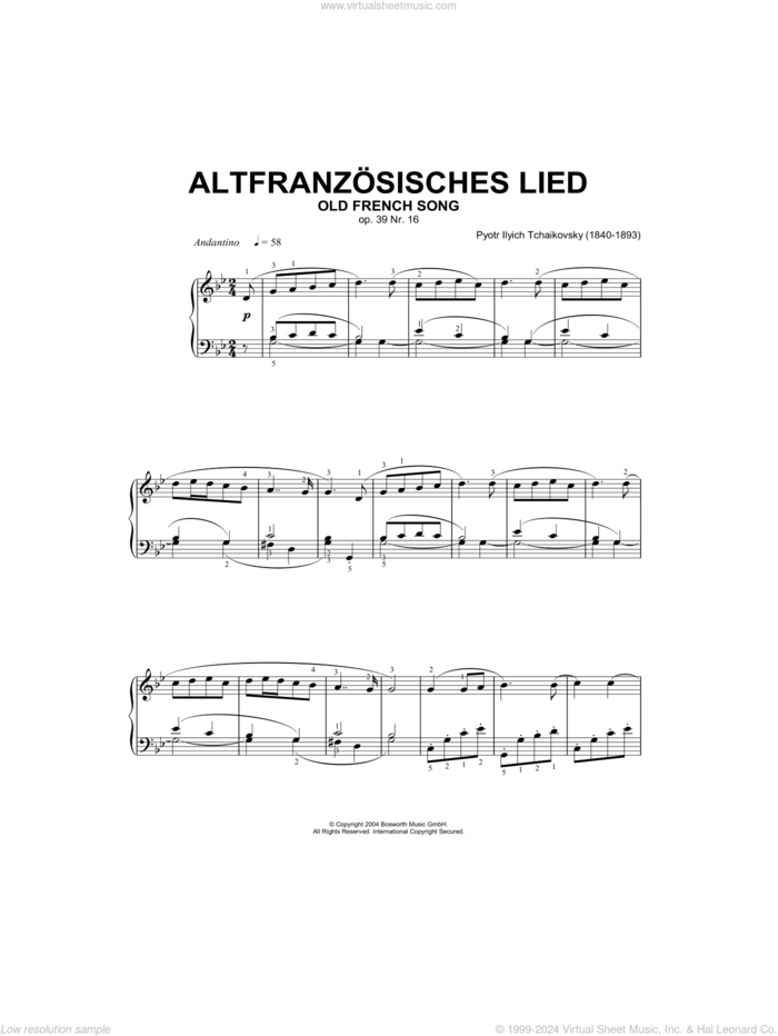 Old French Song, Op.39, No.16 sheet music for piano solo by Pyotr Ilyich Tchaikovsky and Hans-Gunter Heumann, classical score, intermediate skill level