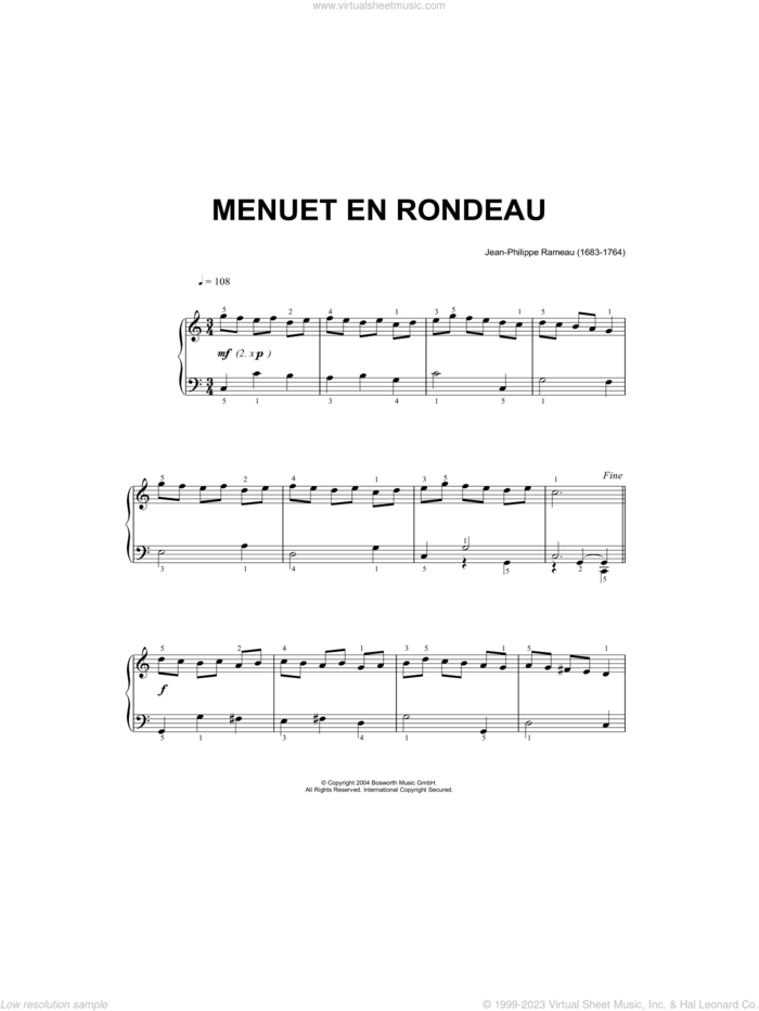 Menuet En Rondeau, (intermediate) sheet music for piano solo by Jean-Philippe Rameau and Hans-Gunter Heumann, classical score, intermediate skill level