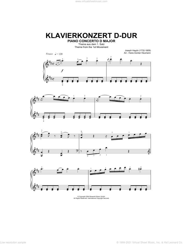 Piano Concerto In D Major, Theme From First Movement sheet music for piano solo by Franz Joseph Haydn and Hans-Gunter Heumann, classical score, intermediate skill level