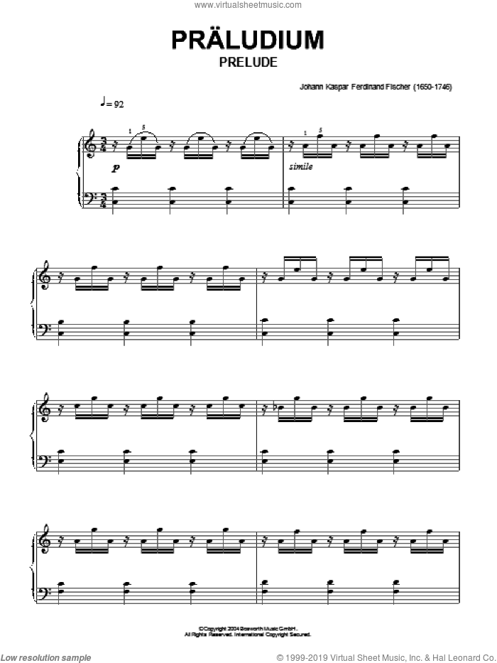 Prelude, (intermediate) sheet music for piano solo by Johann Caspar Ferdinand Fischer and Hans-Gunter Heumann, classical score, intermediate skill level