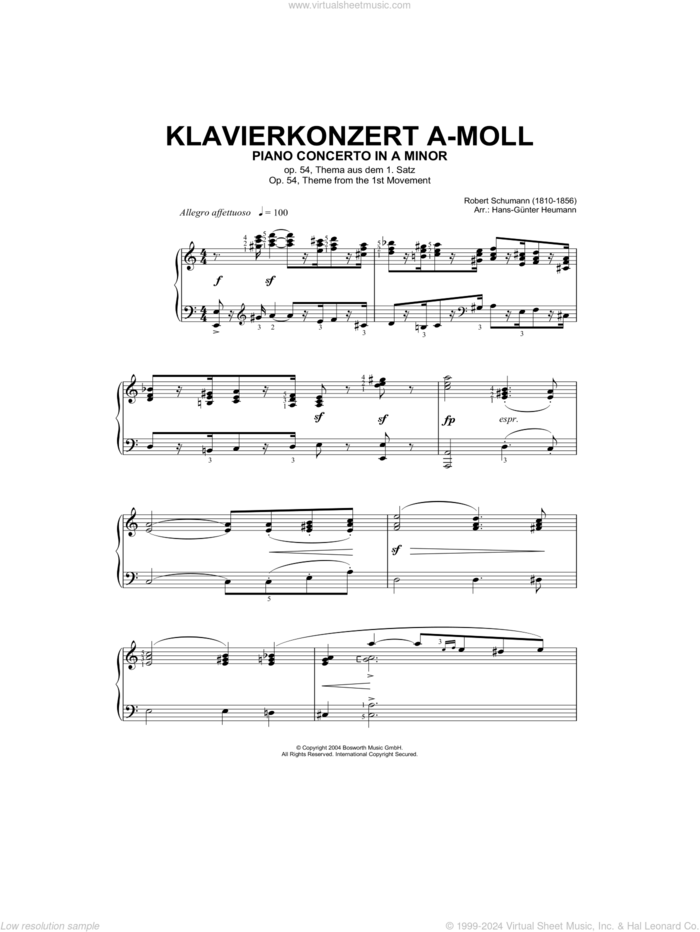 Piano Concerto In A Minor, Op.54, theme from the First Movement sheet music for piano solo by Robert Schumann and Hans-Gunter Heumann, classical score, intermediate skill level