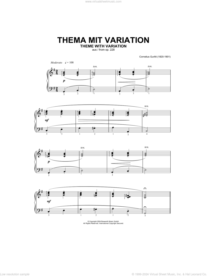 Theme With Variation, From Op.228 sheet music for piano solo by Cornelius Gurlitt and Hans-Gunter Heumann, classical score, intermediate skill level