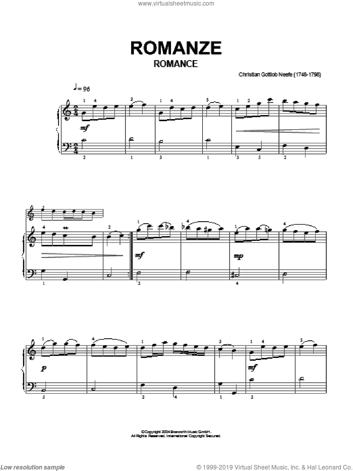 Romance sheet music for piano solo by Christian Gottlob Neefe and Hans-Gunter Heumann, classical score, intermediate skill level