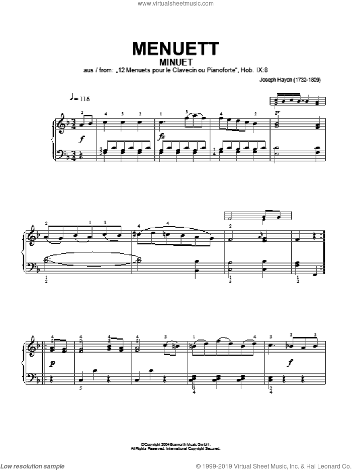 Minuet, From 12 Menuets Pour Le Clavecin Ou Pianoforte sheet music for piano solo by Franz Joseph Haydn and Hans-Gunter Heumann, classical score, intermediate skill level