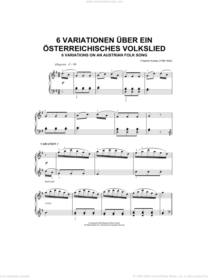 Six Variations On An Austrian Folk Song sheet music for piano solo by Friedrich Daniel Rudolf Kuhlau and Hans-Gunter Heumann, classical score, intermediate skill level