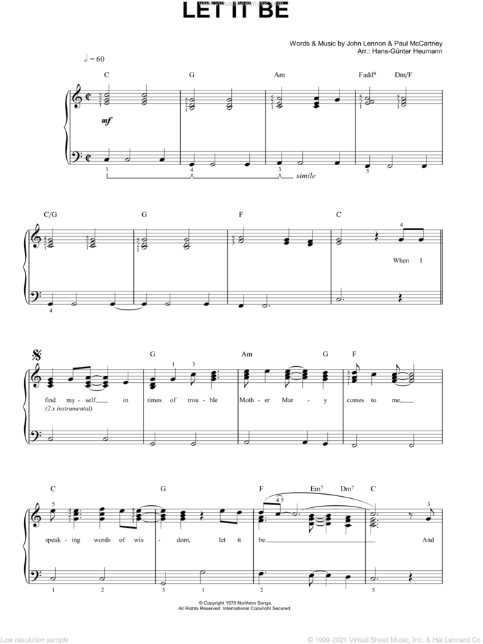 Let It Be sheet music for piano solo by The Beatles, Hans-Gunter Heumann, John Lennon and Paul McCartney, easy skill level
