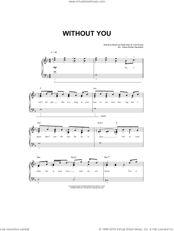 Without You sheet music for piano solo by Mariah Carey, Hans-Gunter Heumann, Pete Ham and Tom Evans, easy skill level