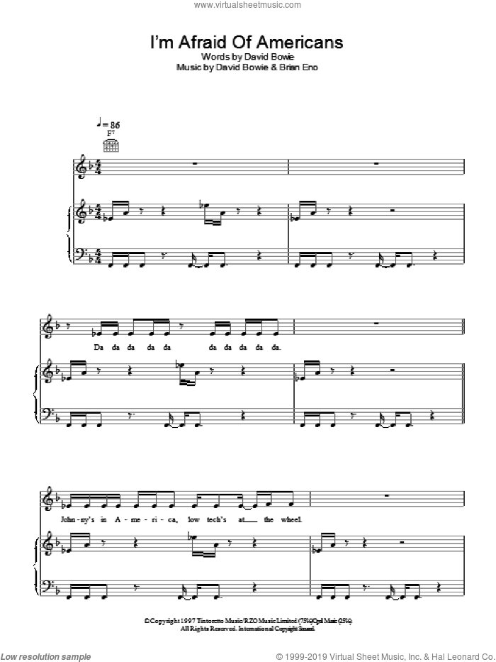 I'm Afraid Of Americans sheet music for voice, piano or guitar by David Bowie, intermediate skill level