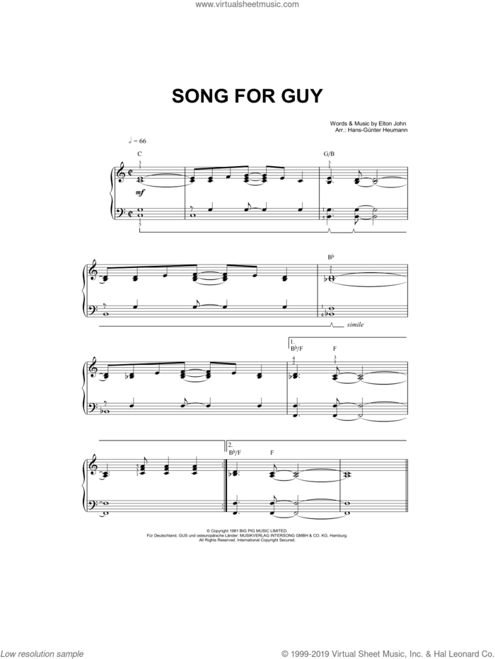 Song For Guy sheet music for piano solo by Elton John and Hans-Gunter Heumann, easy skill level