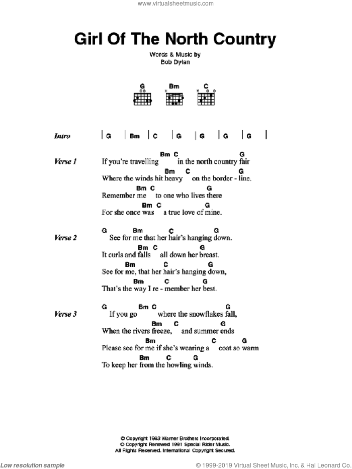 Girl Of The North Country sheet music for guitar (chords) by Johnny Cash and Bob Dylan, intermediate skill level