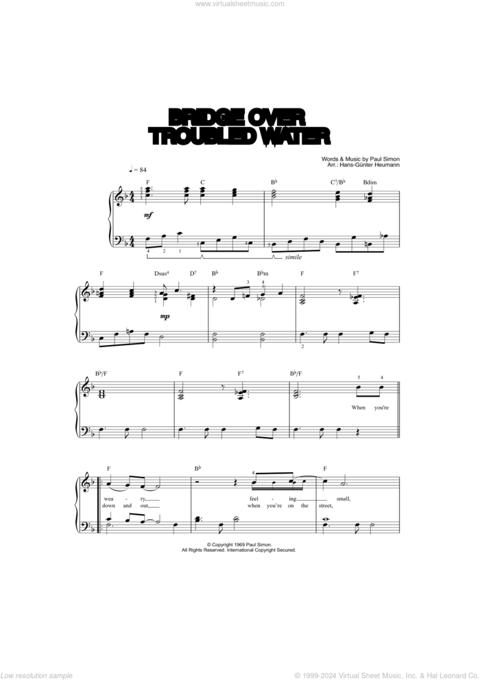 Bridge Over Troubled Water sheet music for voice and piano by Simon & Garfunkel, Hans-Gunter Heumann and Paul Simon, wedding score, intermediate skill level