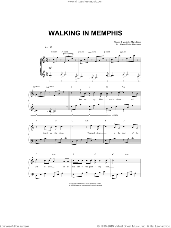 Walking In Memphis, (easy) sheet music for piano solo by Marc Cohn, Hans-Gunter Heumann and Cher, easy skill level