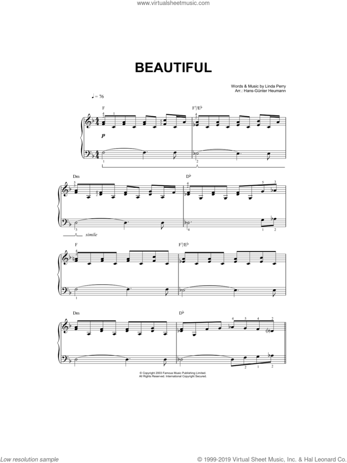 Beautiful sheet music for piano solo by Christina Aguilera, Hans-Gunter Heumann and Linda Perry, easy skill level