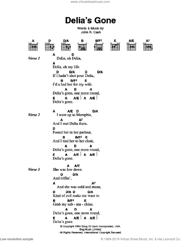 Delia's Gone sheet music for guitar (chords) by Johnny Cash, intermediate skill level