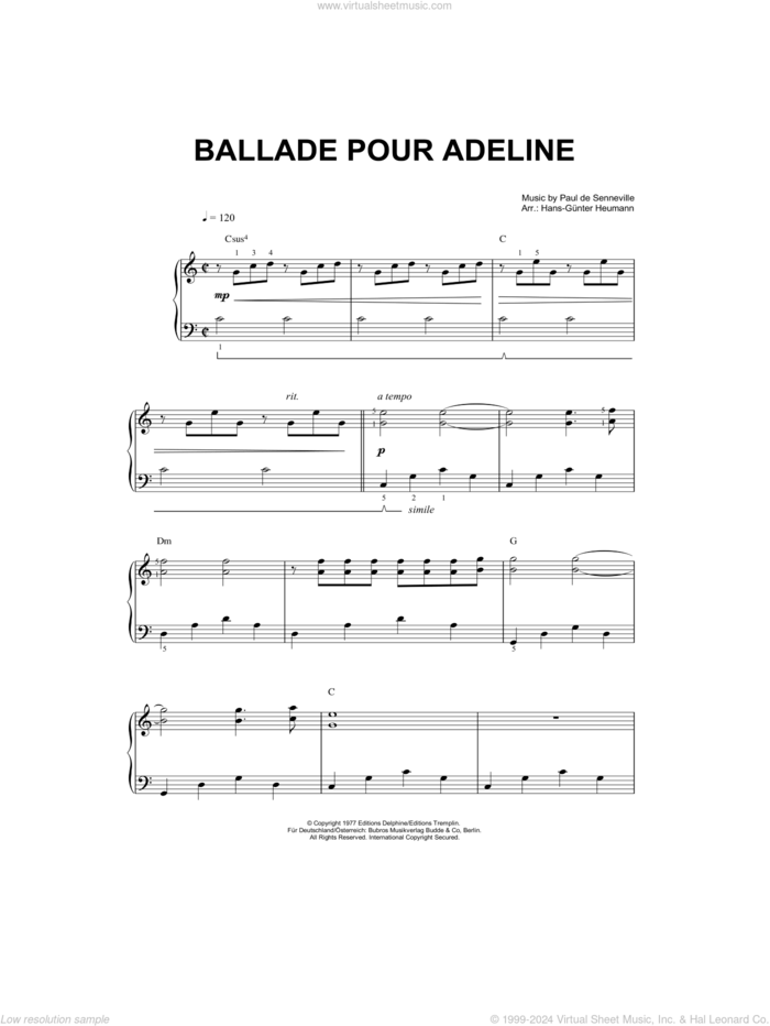 Ballade Pour Adeline (arr. Hans-Gunter Heumann) sheet music for piano solo by Richard Clayderman, Hans-Gunter Heumann, Olivier Toussaint and Paul de Senneville, intermediate skill level