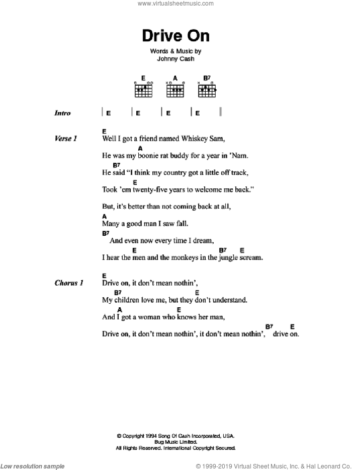 Drive On sheet music for guitar (chords) by Johnny Cash, intermediate skill level