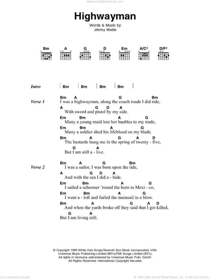 The Highwayman sheet music for guitar (chords) by Johnny Cash and Jimmy Webb, intermediate skill level