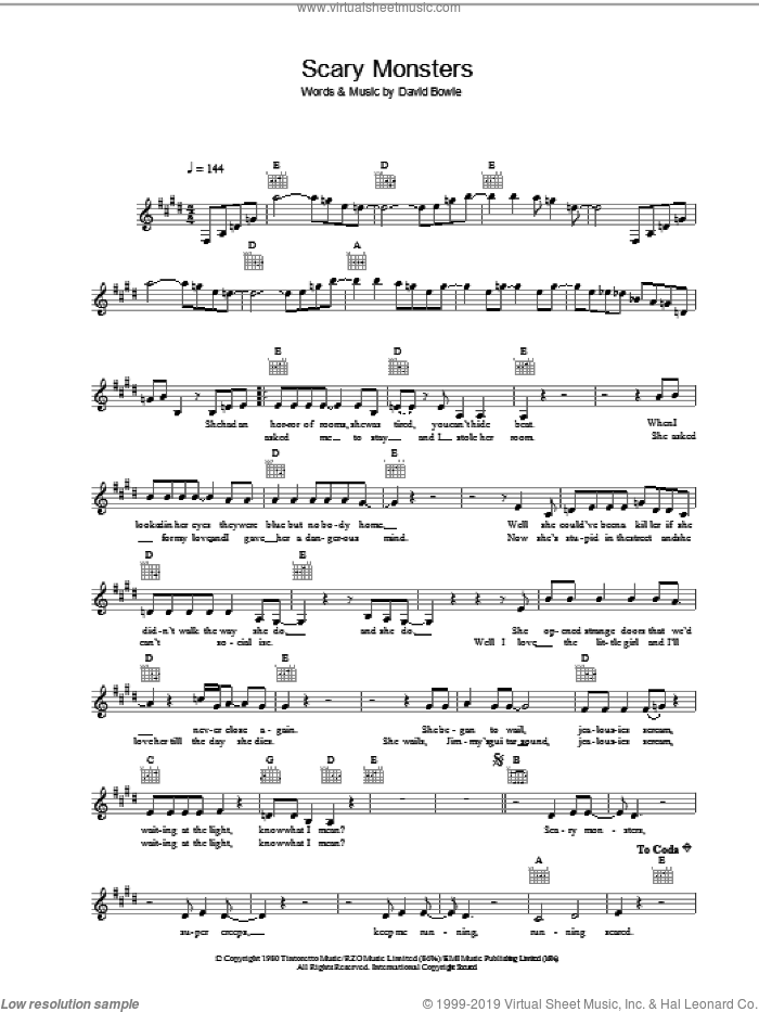 Scary Monsters sheet music for voice and other instruments (fake book) by David Bowie, intermediate skill level