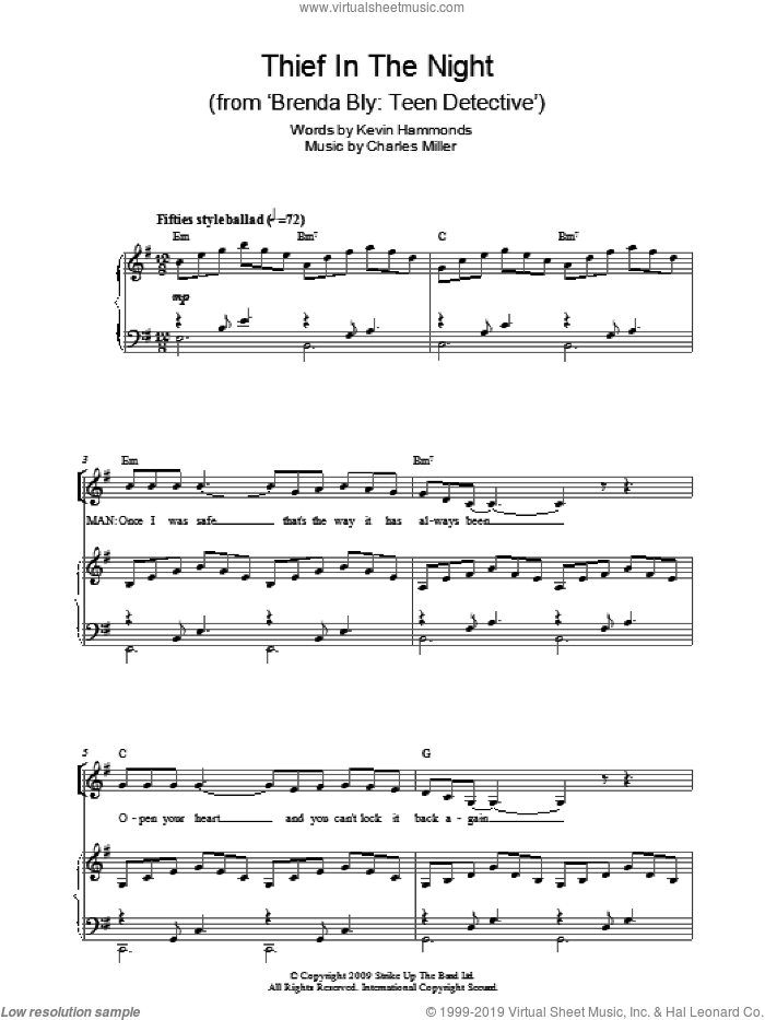 Thief In The Night sheet music for piano solo by Charles Miller and Kevin Hammonds, easy skill level